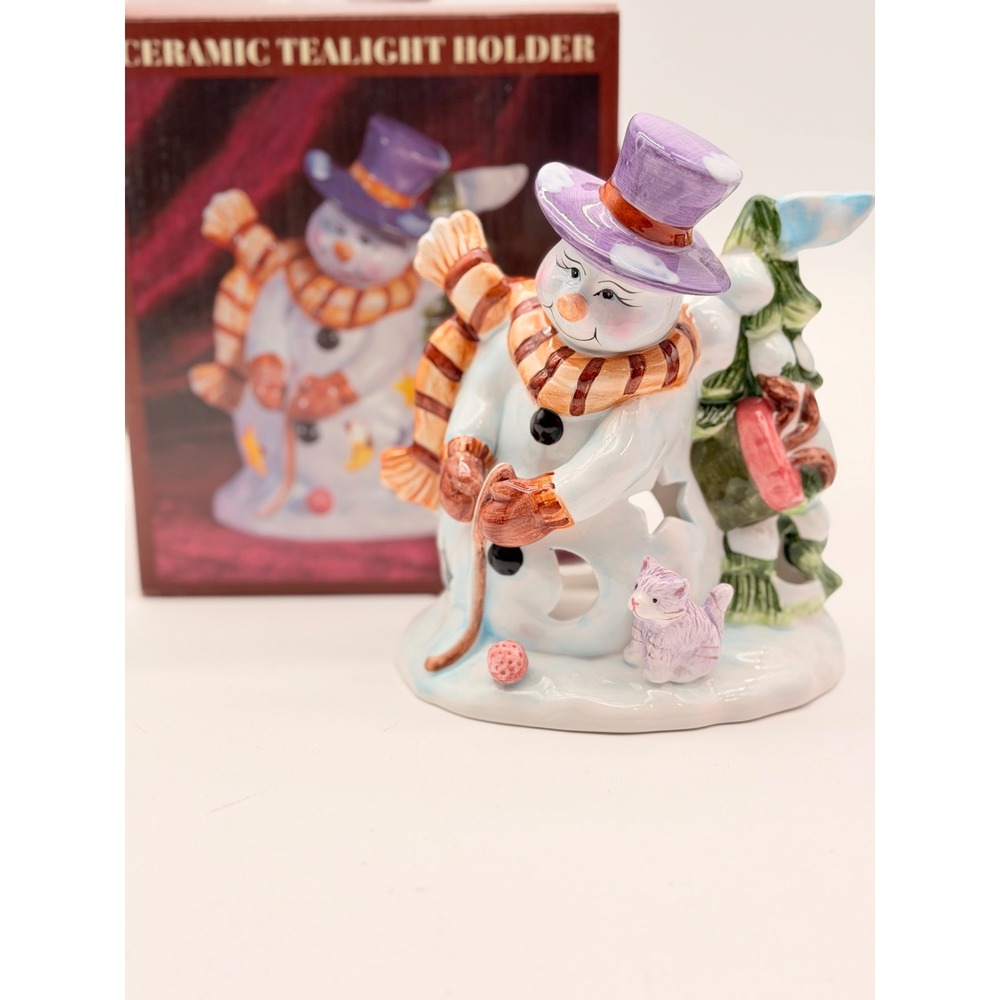 Ceramic Snowman Tealight Candle Holder Purple Hat Cat Christmas Tree Decor